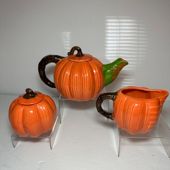 Vintage 90's Pumpkin Tea Pot Creamer Sugar Thanksgiving Decor Made in Taiwan - Picture 3 of 12